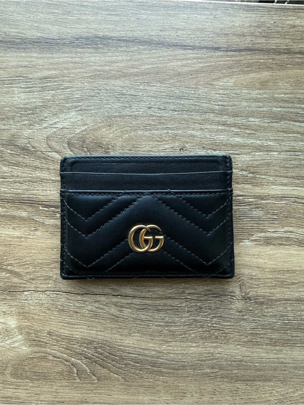 Gucci Black Quilted Leather Card Holder with Gold Double G